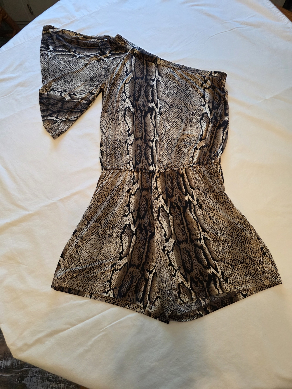 Allen B. By Allen Schwartz One-Shoulder Snake Print Romper in Brown and Black
